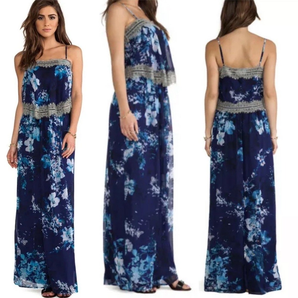 Twelfth Street by Cynthia Vincent 100% Silk Floral Maxi Dress Blue Lace Trim P‎